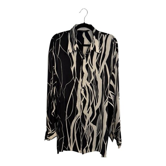 VINTAGE MEN'S GENELLI SILK Button Down SHIRT LONG SLEEVE  BLACK & IVORY XXL - Picture 1 of 9